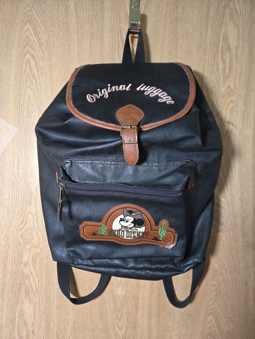 Euro Disney Original Luggage Western Mickey Mouse Black Backpack with Brown Trim